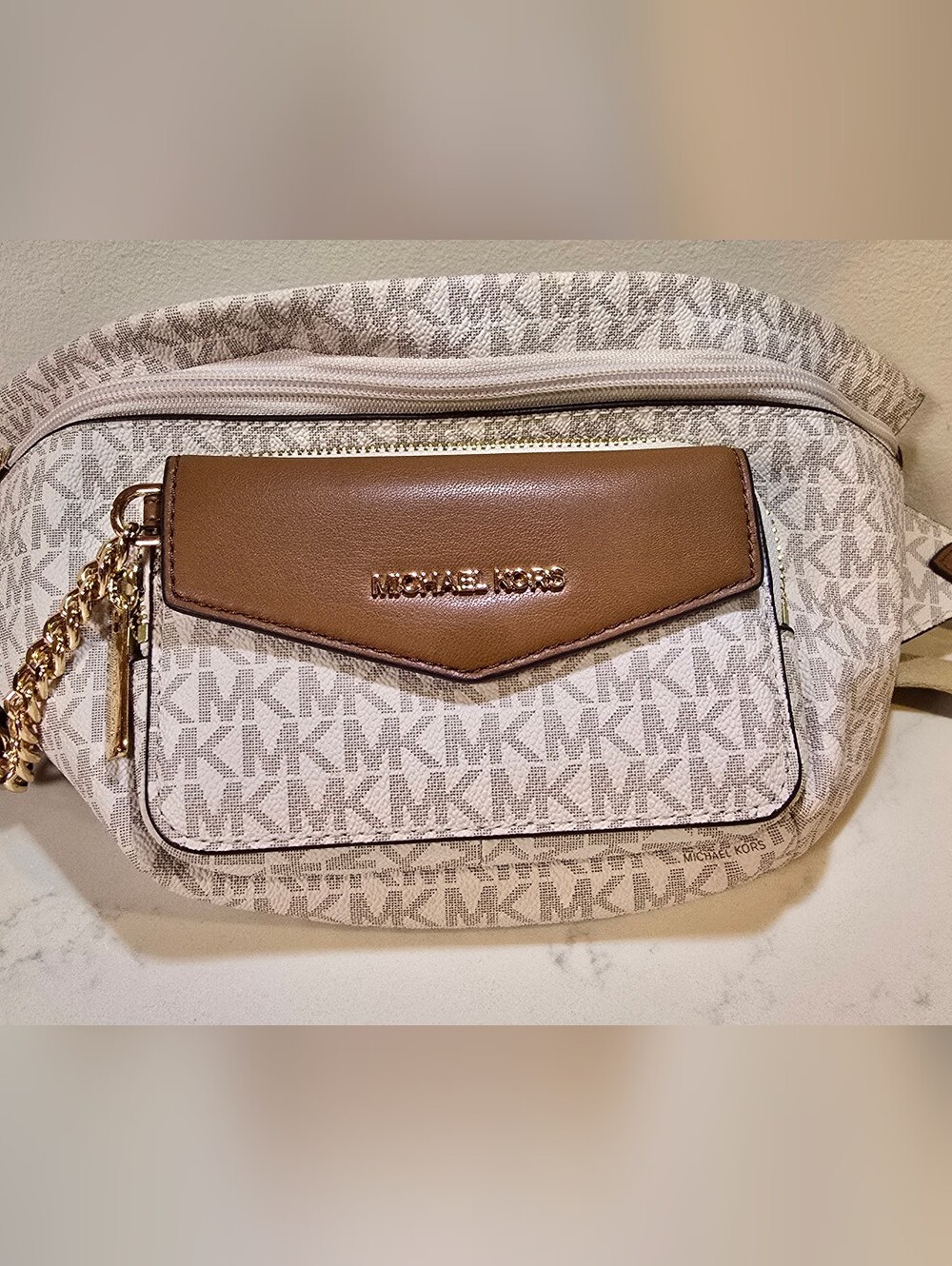 Michael Kors Beige/White MK Signature Crossbody with Brown Leather Flap - Picture 2 of 10